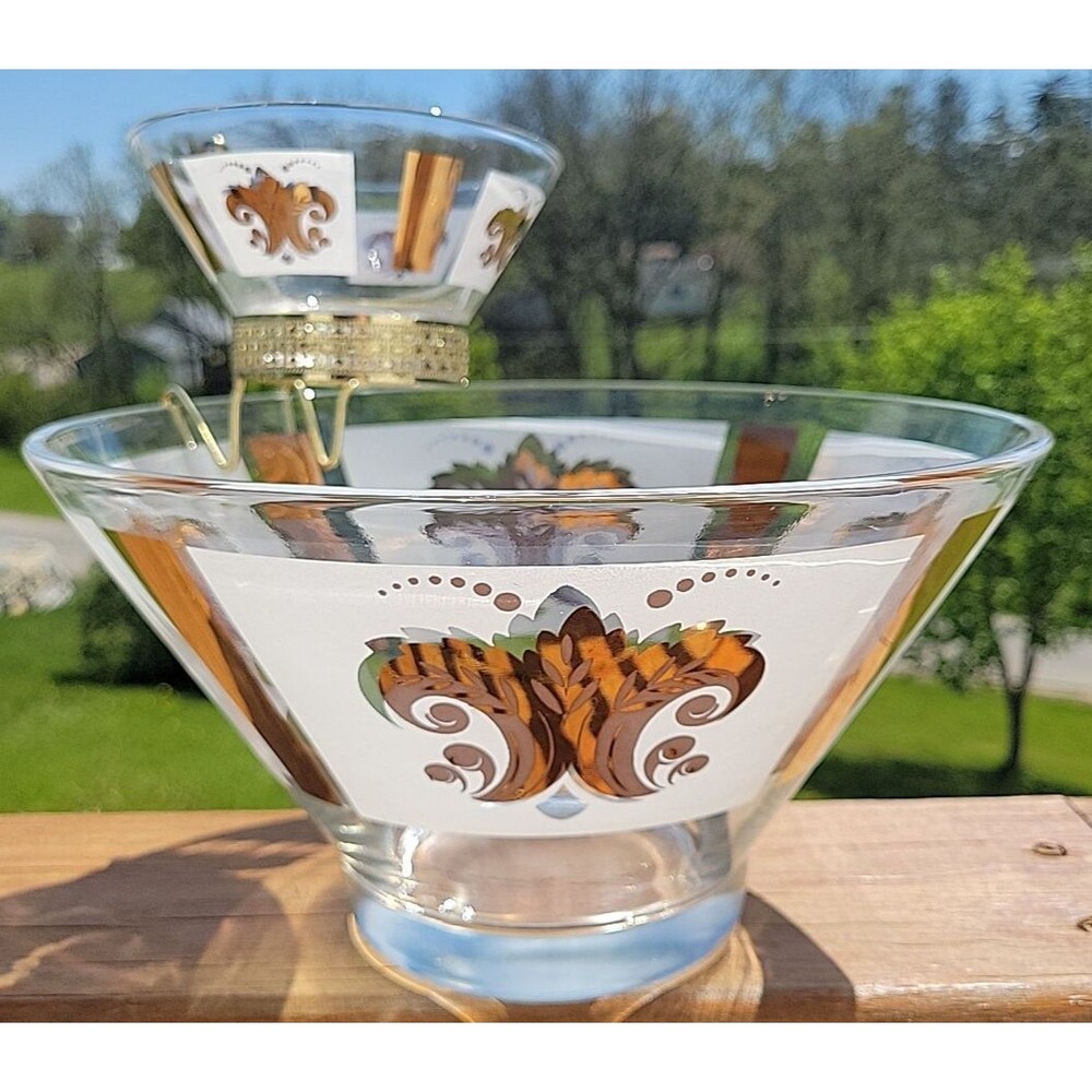 Vintage MCM Glass Chip & Dip 3-Piece Set Gold & Frosted Fleur-de-Lis Design 70's